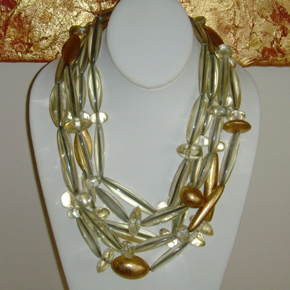 Gerda Lynggaard MONIES Clear Lucite and Gold Leaf Multi-Strand Necklace